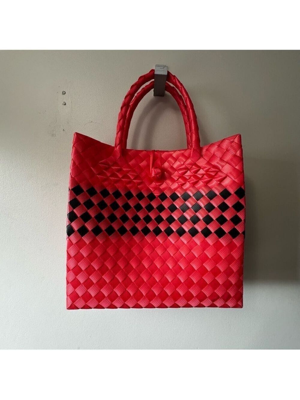 Stylish Red and Black Woven Tote Bag